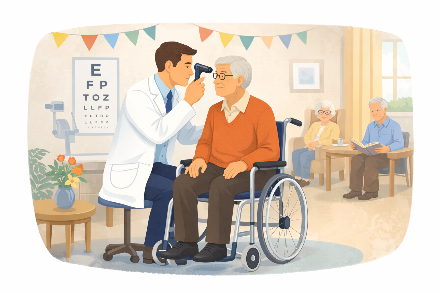 Optometrist gently visiting a senior resident in a care home
