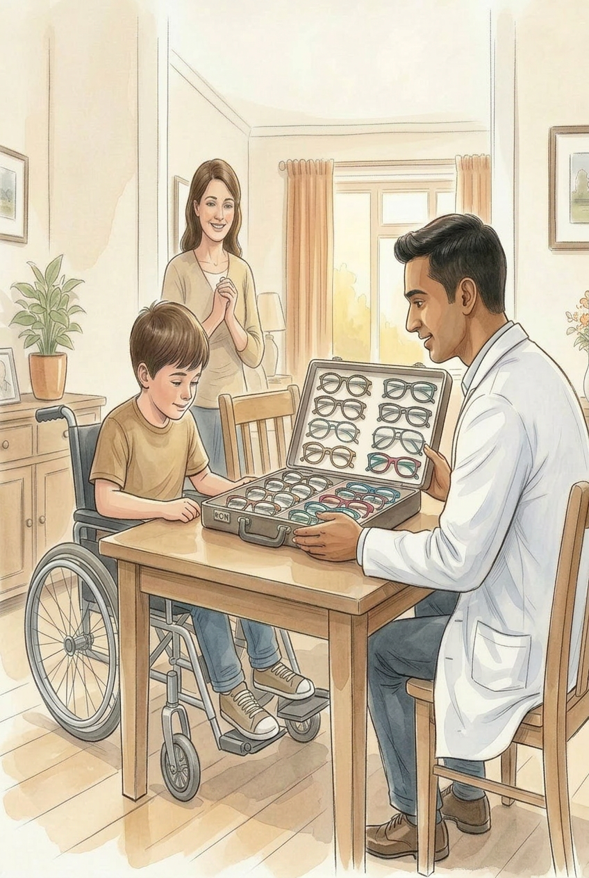 Indian doctor showing a young boy in a wheelchair a briefcase of eyeglasses at home, with his mother in the background