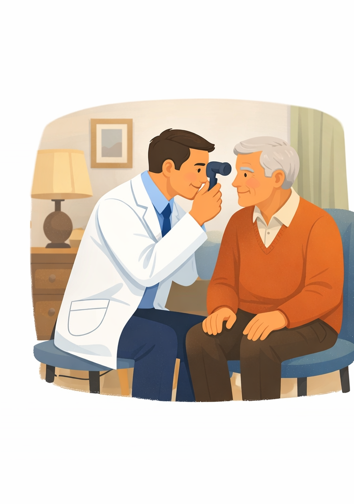 Optometrist performing a home eye examination on an elderly patient