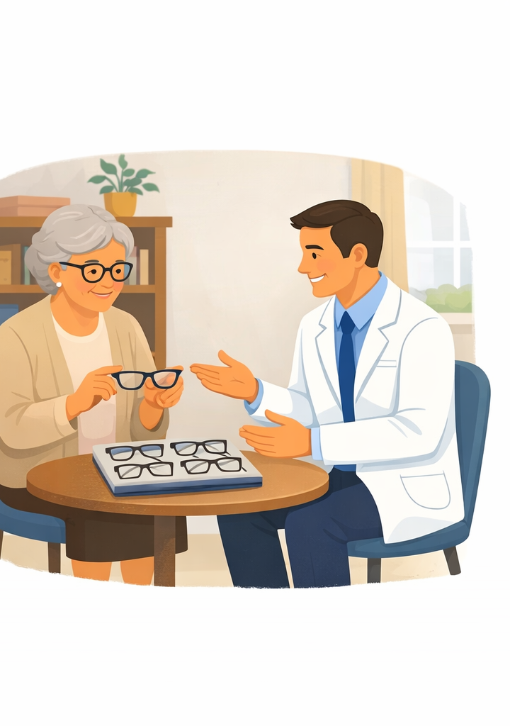 Patient choosing from a selection of frames brought to her home